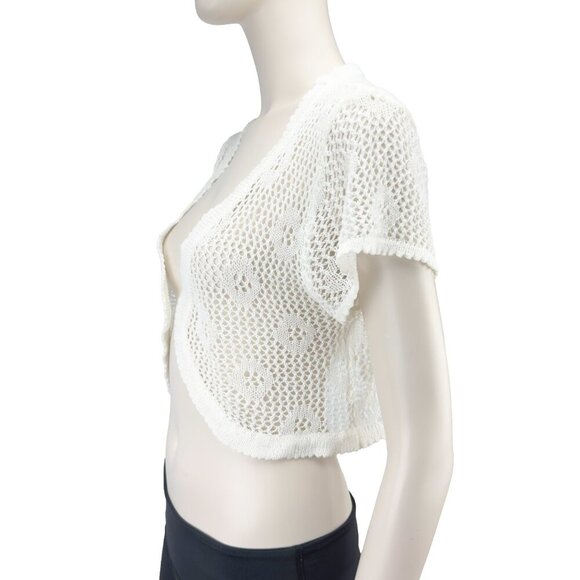VINTAGE Crochet Cropped Boho Flowy Open Front Cardigan Bolero White Casa Donna S - Picture 2 of 7